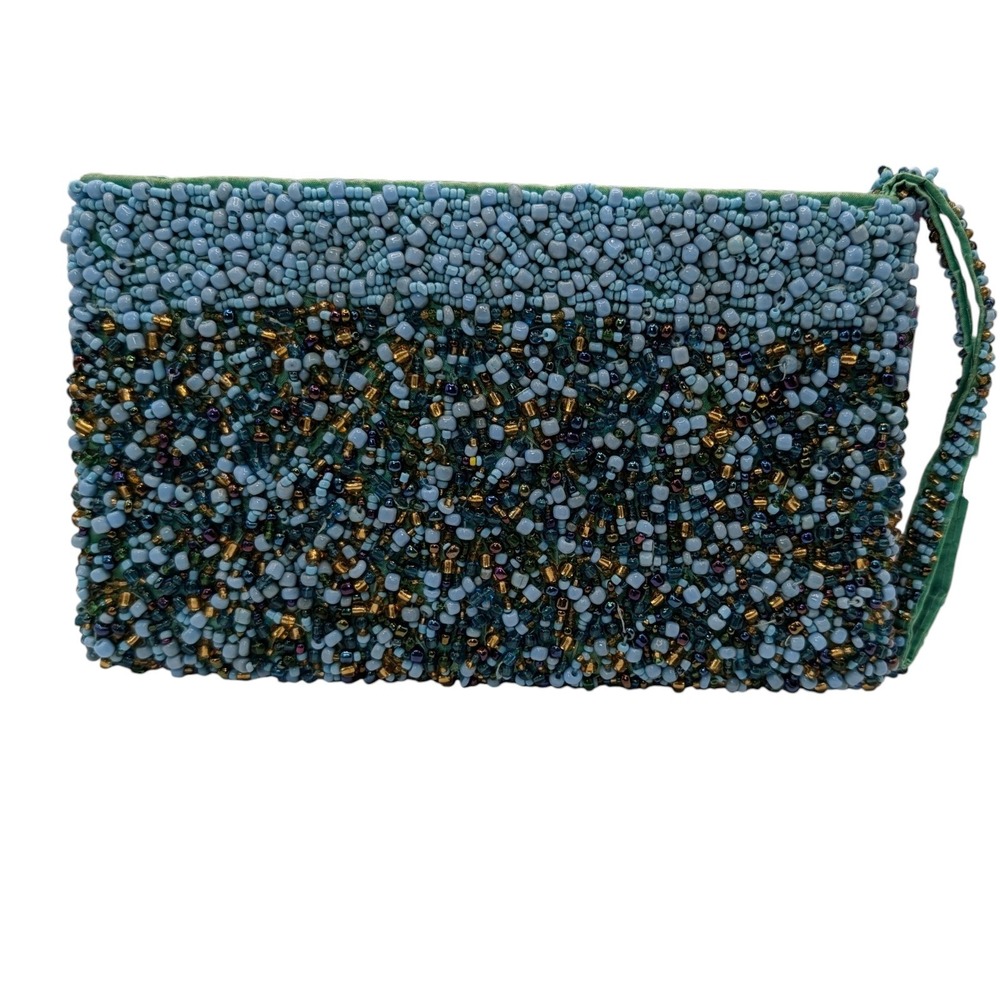 Vintage Beaded Evening Purse Wristlet Turquoise Green Gold Zipped Closure Lined‎